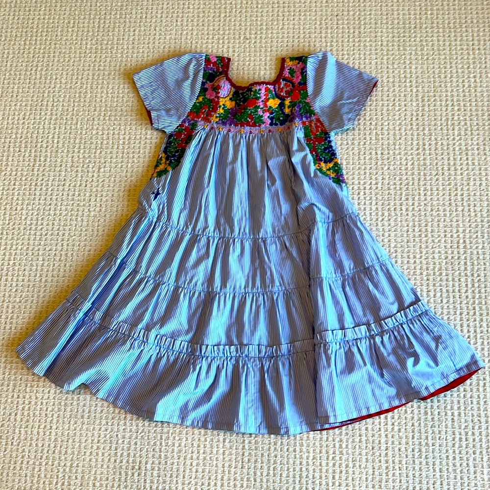 Mi Golondrina tiered dress size small Blue & white stripe. Multicolor embroidery